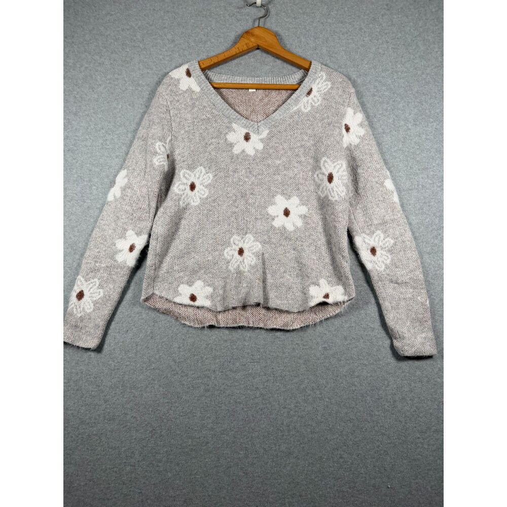Women's M Gray Daisy Floral V Neck Fuzzy Knit Sweater Cottagecore 0697